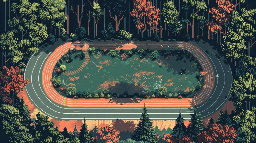 Pixel art aerial view of a running track in a forest